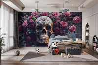 Removable Halloween flower and skull wallpaper highlighting a minimalist bedroom design.