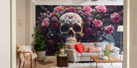 Gothic floral skull Halloween wallpaper for a temporary festive update in a living room.