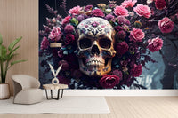 Aesthetic floral skull pattern Halloween wallpaper in a lounge area.