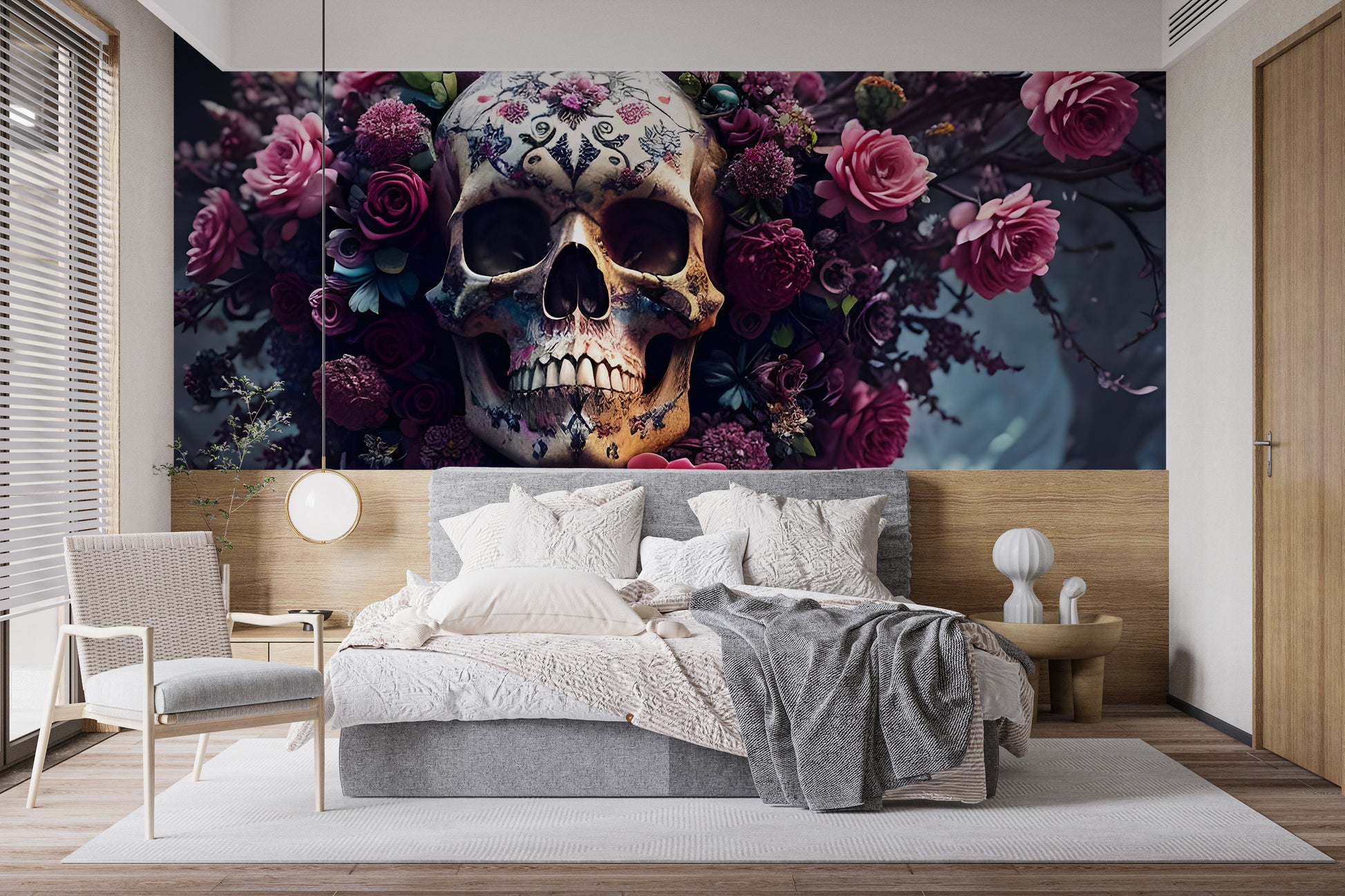 Detailed skull and floral Halloween wallpaper for a living room