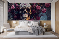 Detailed skull and floral Halloween wallpaper for a living room
