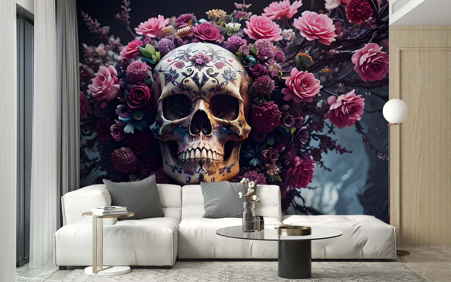 Dark botanical skull Halloween wallpaper creating a sophisticated yet eerie livingroom atmosphere.