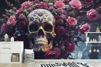 Vintage style Halloween floral skull wallpaper peel and stick material for easy home decorating.