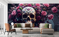 Spooky flower skull Halloween wallpaper used as a bold accent wall in a modern living room.