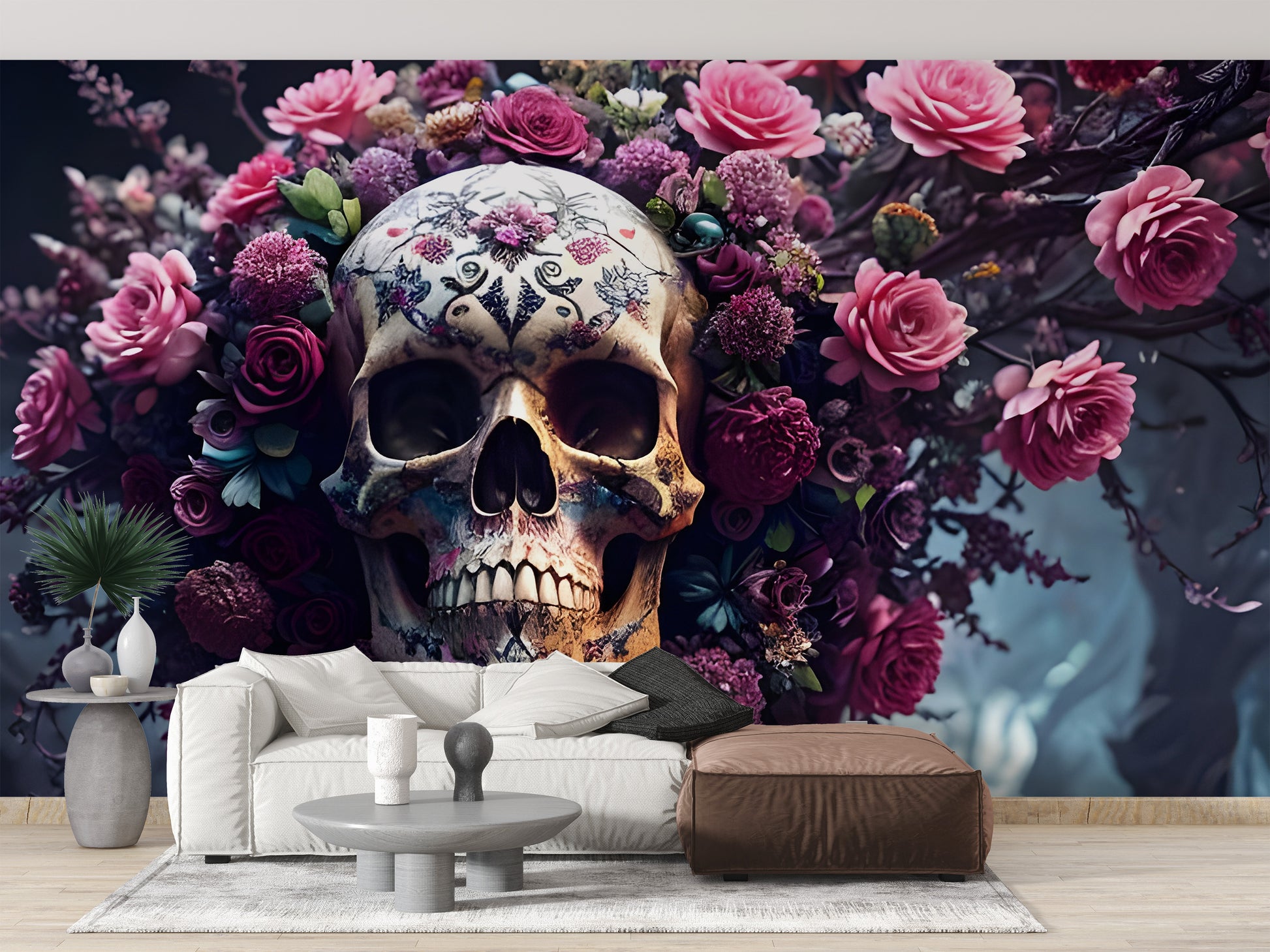 Floral skull Halloween wallpaper in a moody gothic living room with dark accents and velvet furniture.