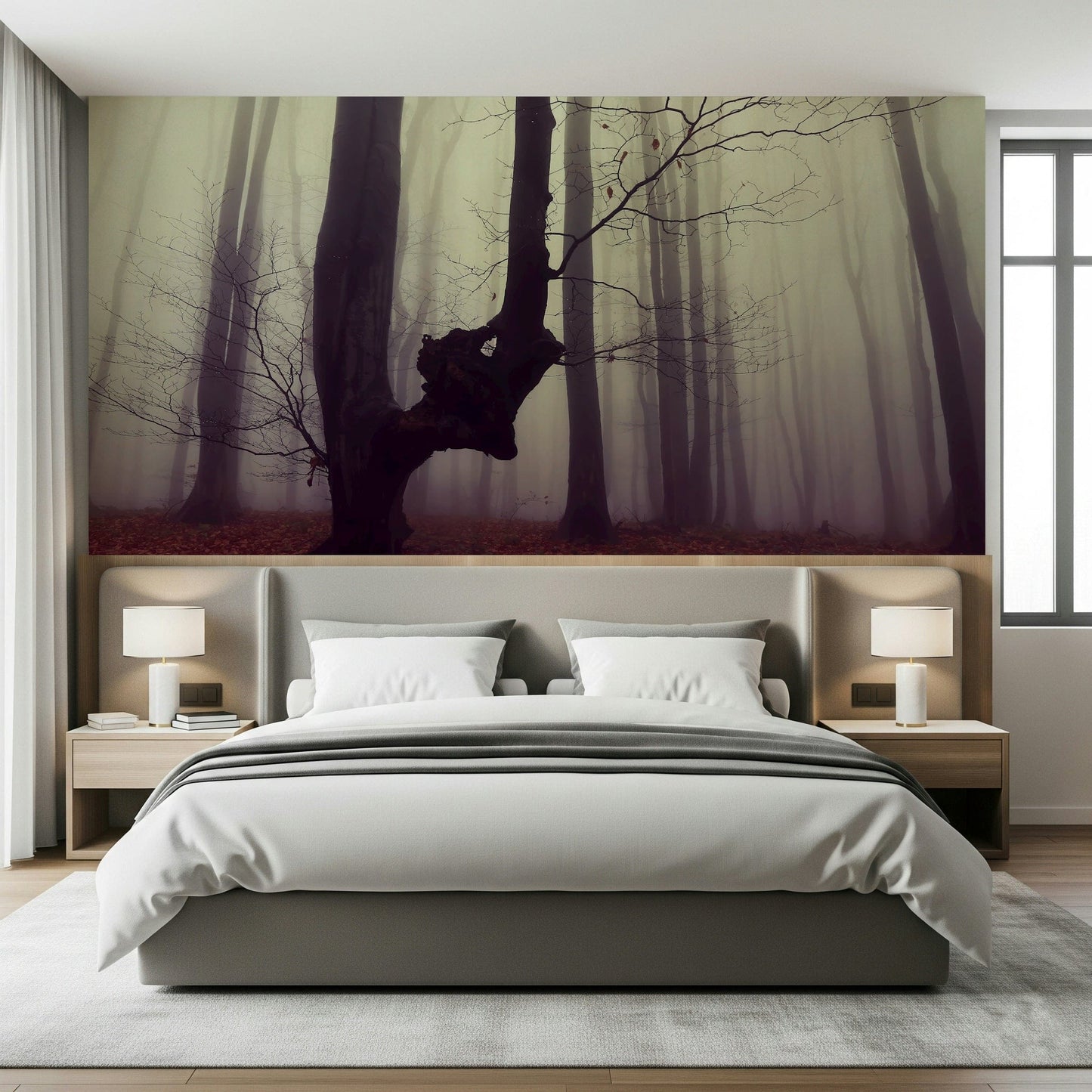 Dramatic Gothic Forest mural, silent woods, fading light, tranquil.