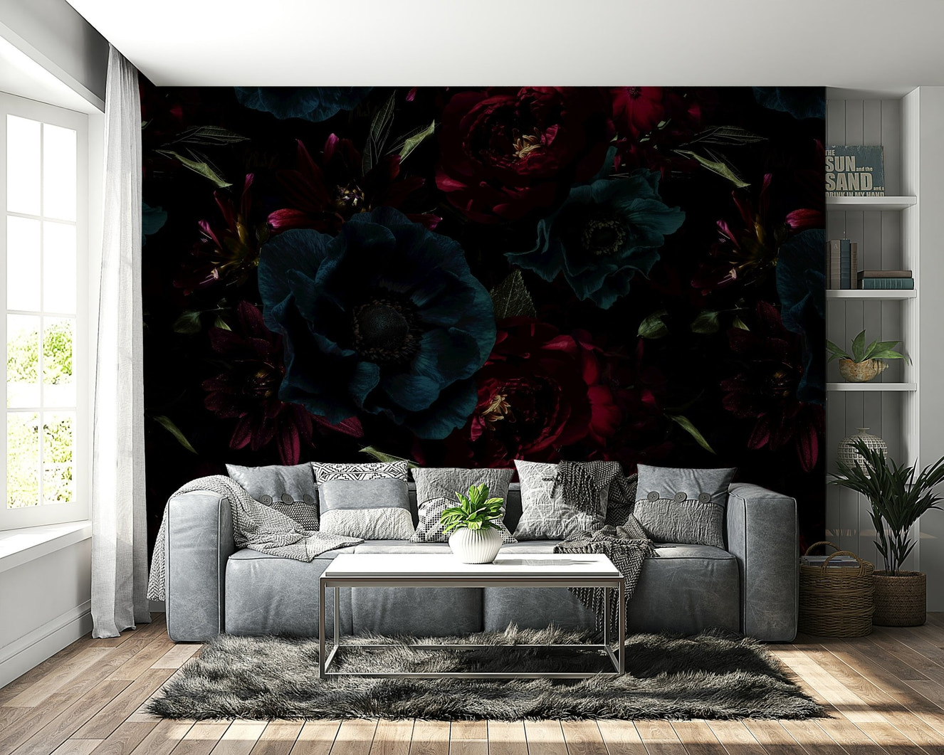 A wall mural of a floral botanical pattern.

