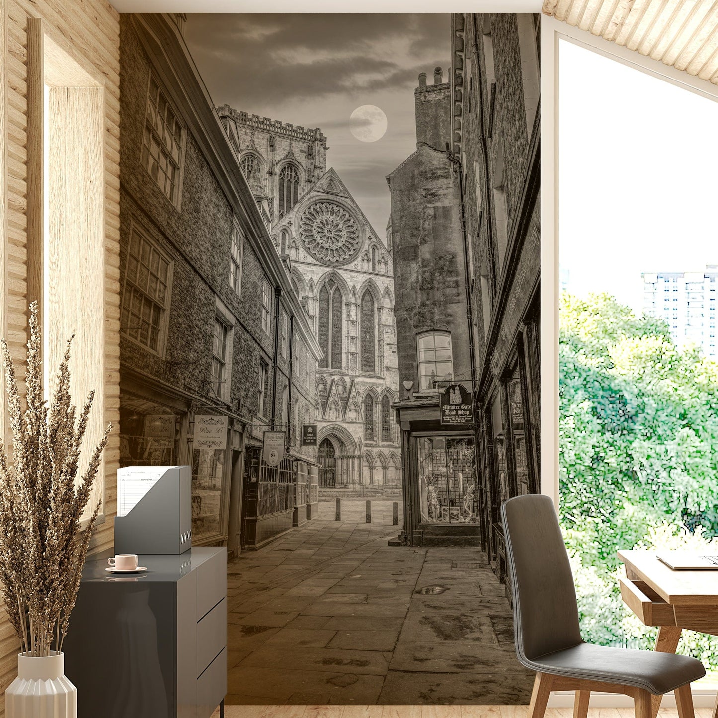 A serene mysterious street wall mural for your decor.

