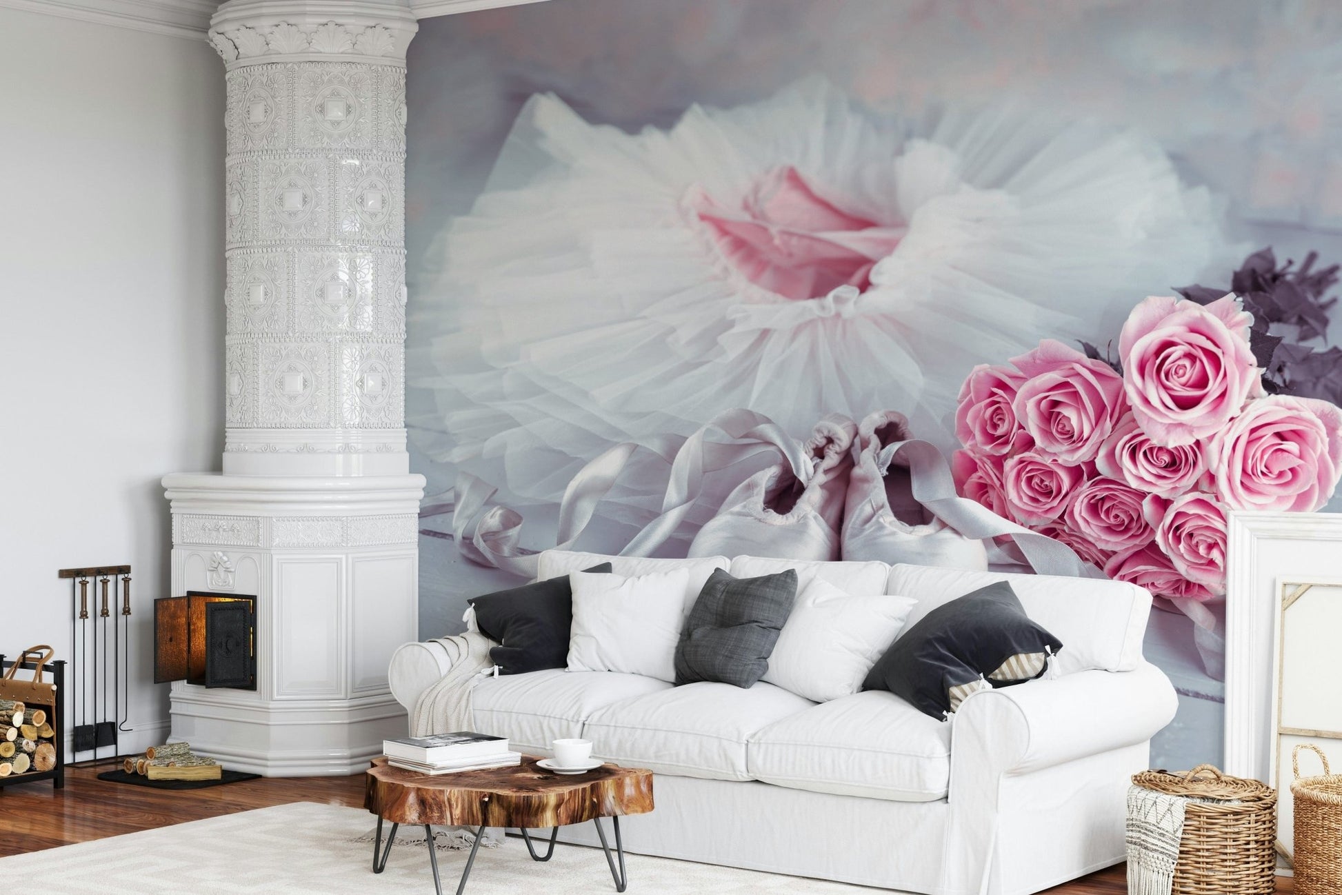 Artistic Graceful Ballet Still Life with Roses print, refined room surface.