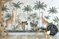 Gracious Giraffes wallpaper with palm trees behind a Cool Kids chalkboard and small wood desk