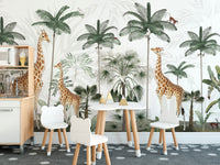 Gracious Giraffes wallpaper with palms and monkeys in a kids playroom with bear and bunny chairs