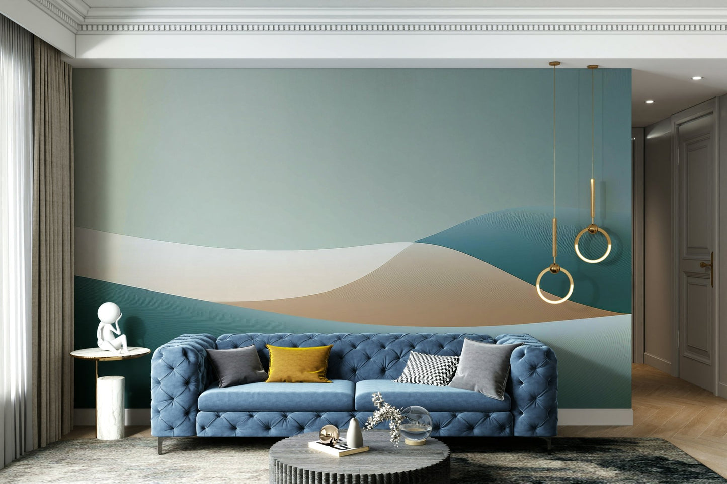Living room wall featuring dreamy pastel gradient mural

