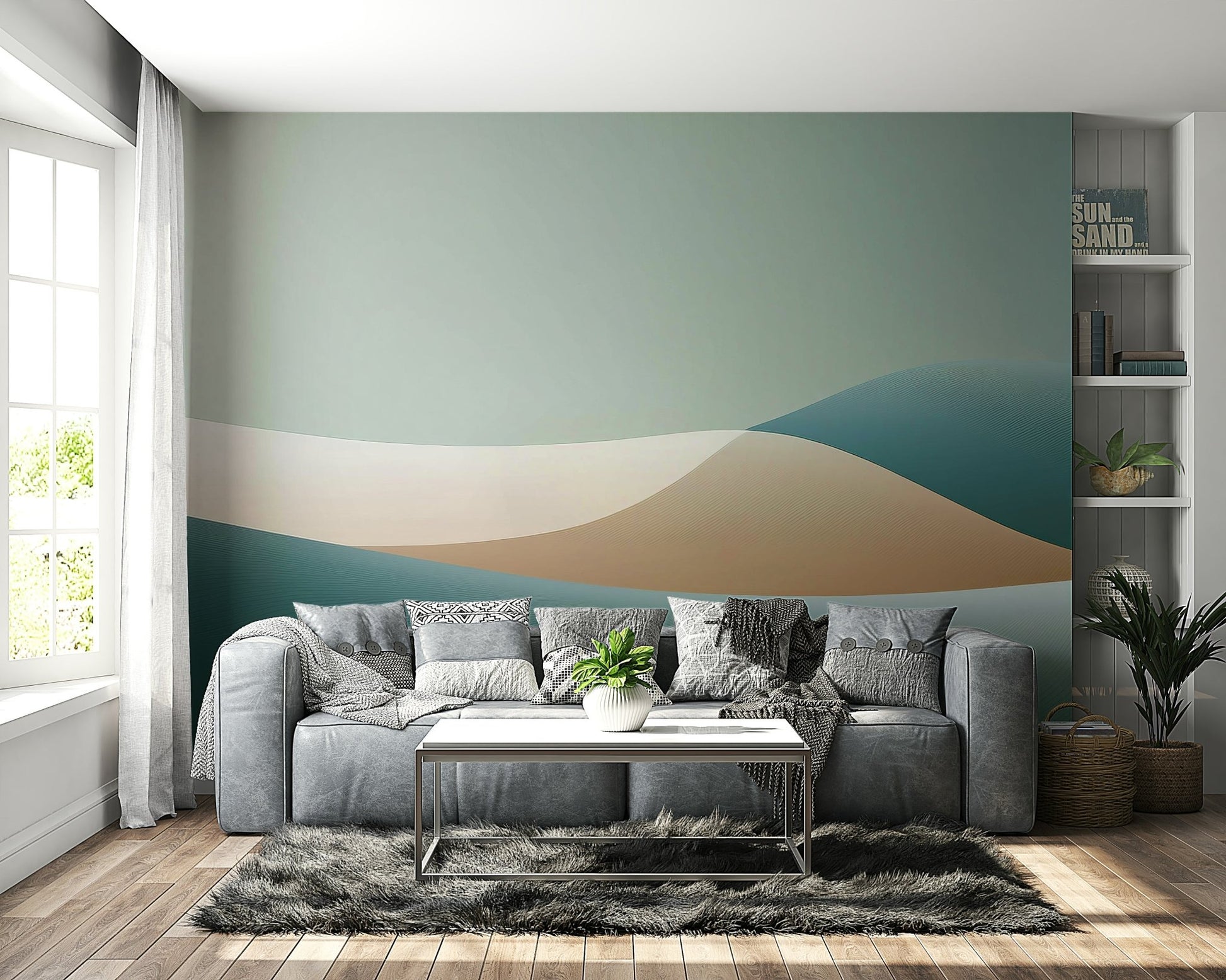 Pastel ombré horizon wall mural in pink, teal, lavender

