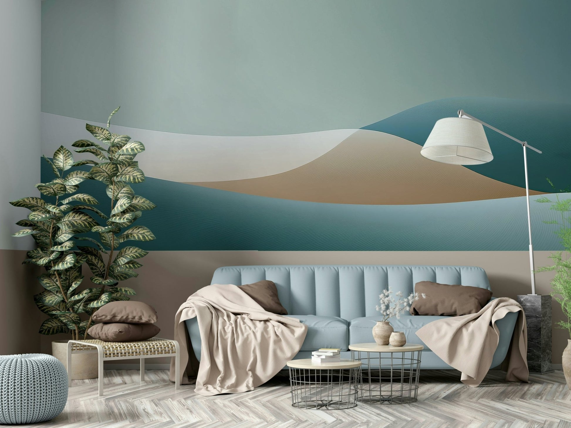 Abstract gradient horizon wallpaper in modern interior

