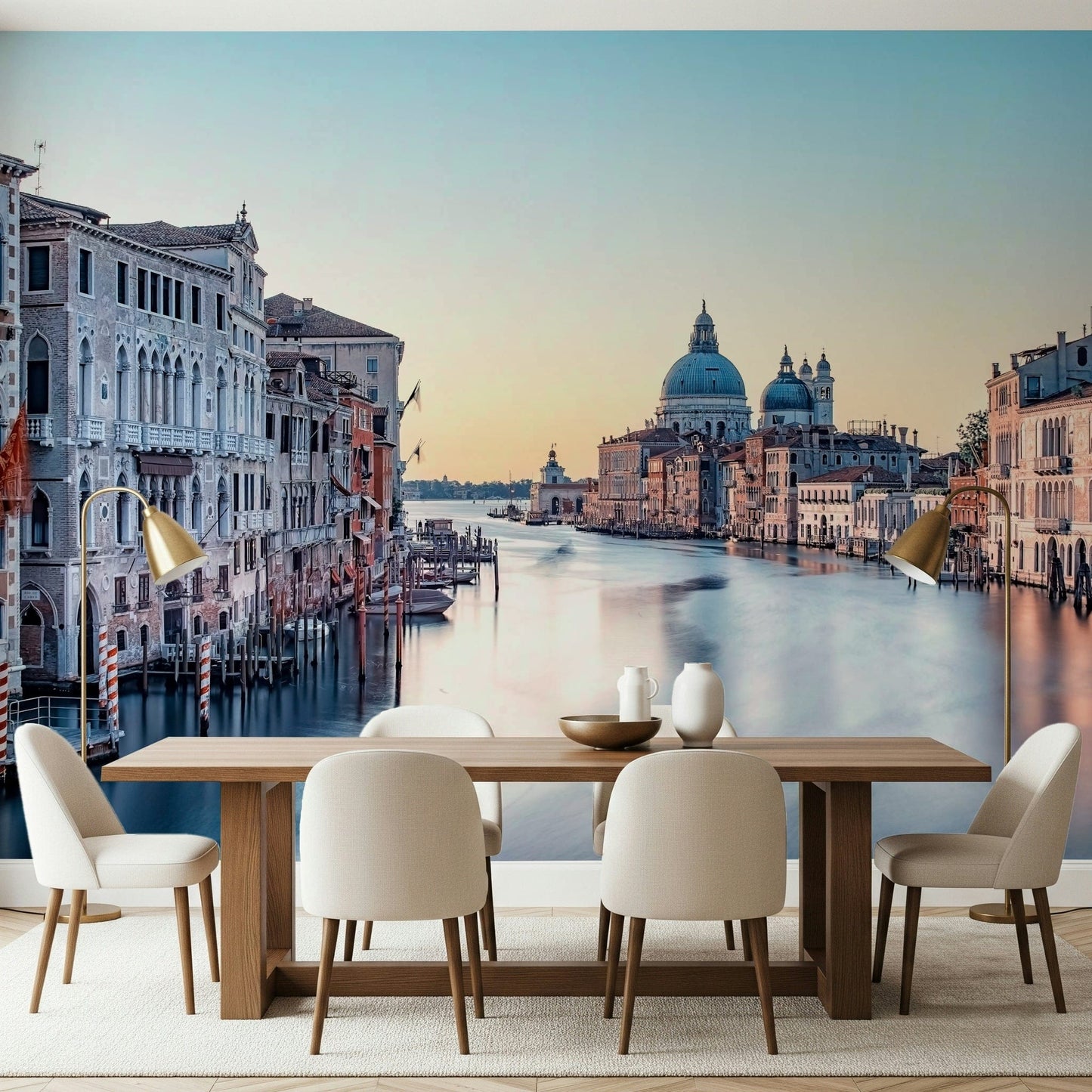 Reading nook with canal mural, soft colour home styling detail