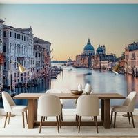 Reading nook with canal mural, soft colour home styling detail
