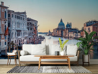 Canal wall mural behind bed, modern bedroom styling in soft colours