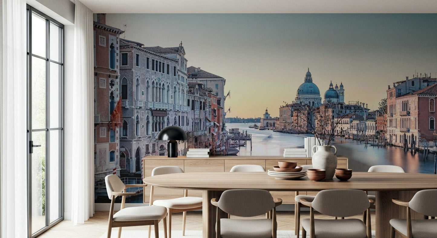 Grand canal wall mural in modern living space, calm colour feature wall