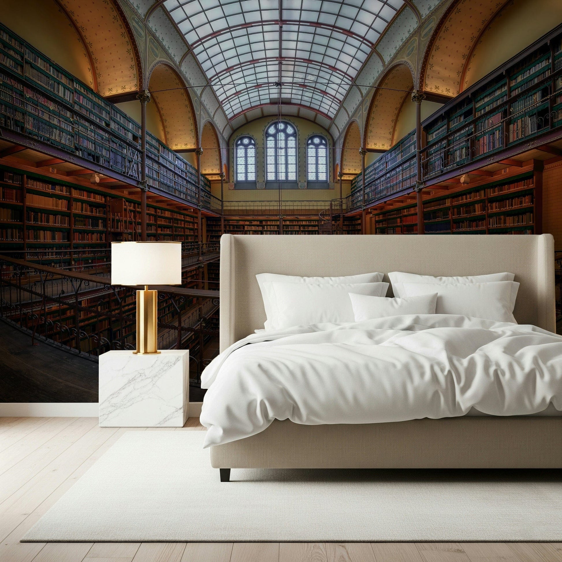 Grand Book Hall Wall Mural – Elegant library depiction with perspective view of towering books and architectural elegance.