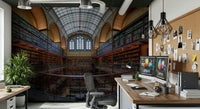 Classical Library Wall Mural – Architectural library mural with grand arches, warm lighting, and endless rows of books.