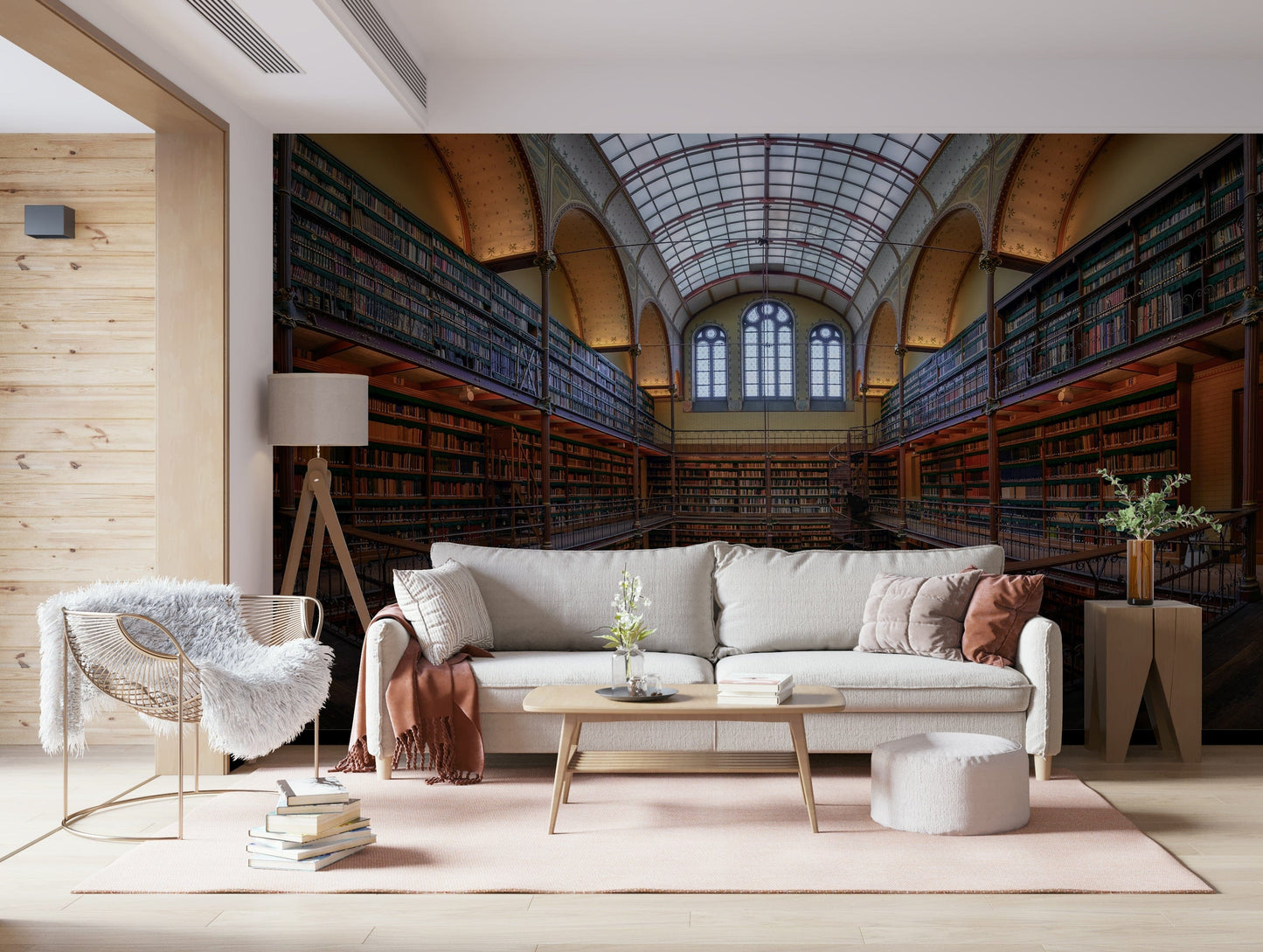 Grand Library Wall Mural – Classical interior of a luxurious library with high ceilings and warm wooden tones.