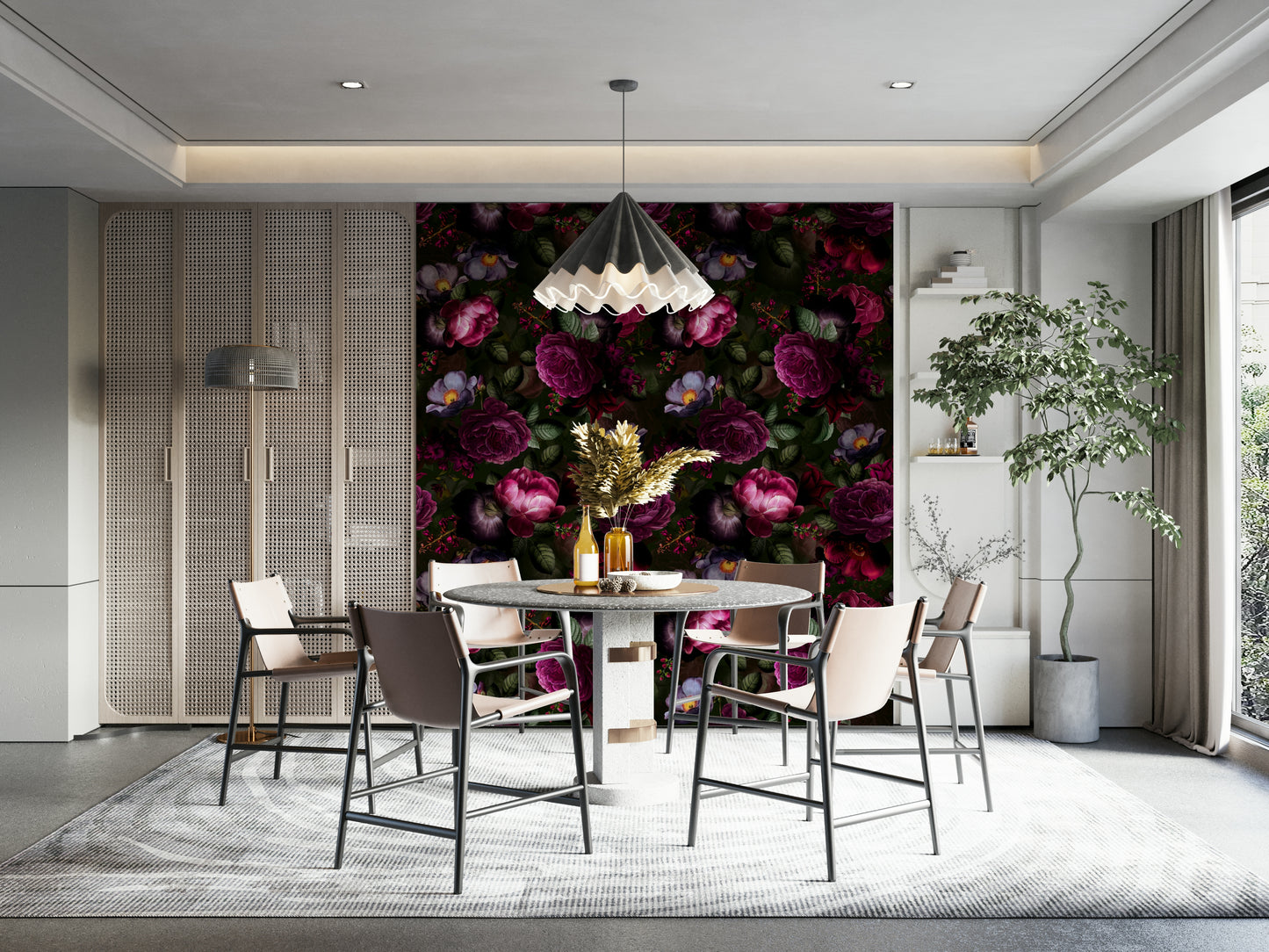 Moody floral wallpaper mural adding vintage glamour and sophistication.

