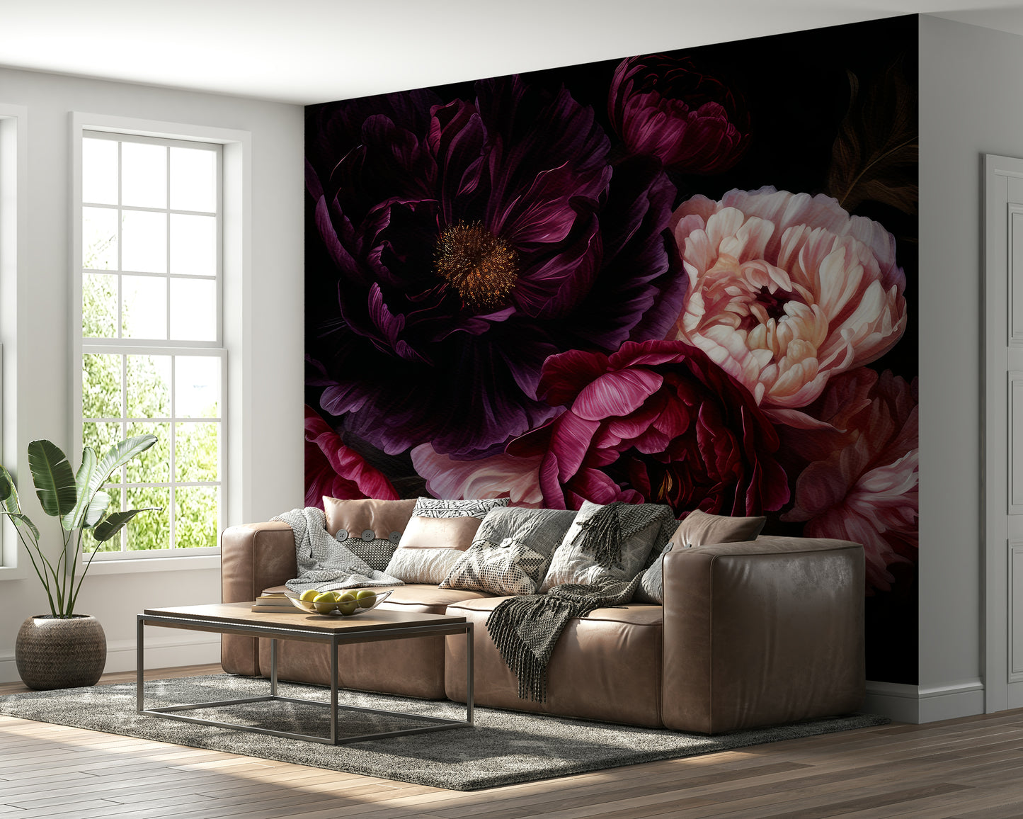 Vintage gothic peony floral wall mural with moody tones.

