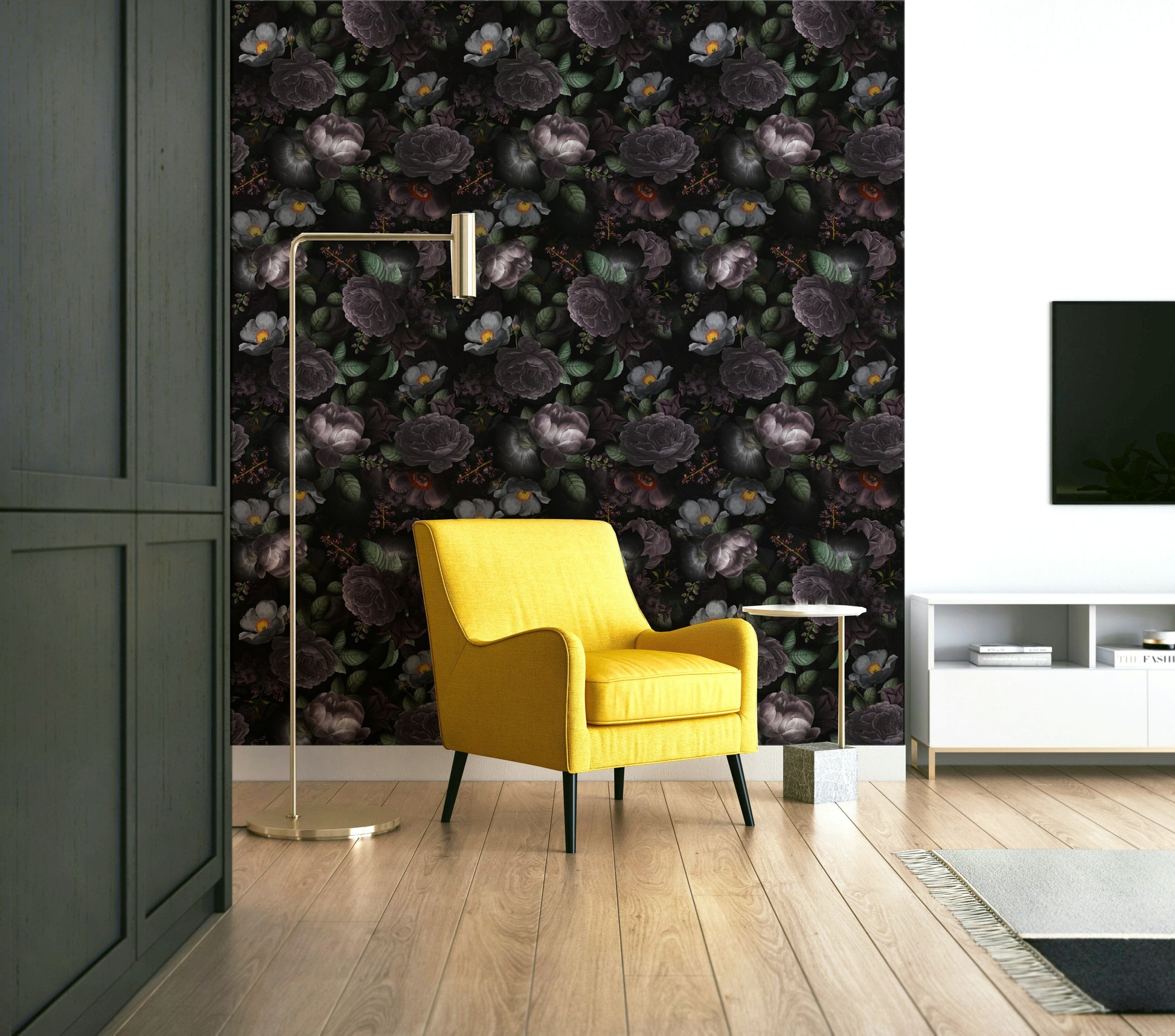 Dark floral Grandmillennial wallpaper for dramatic interior design

