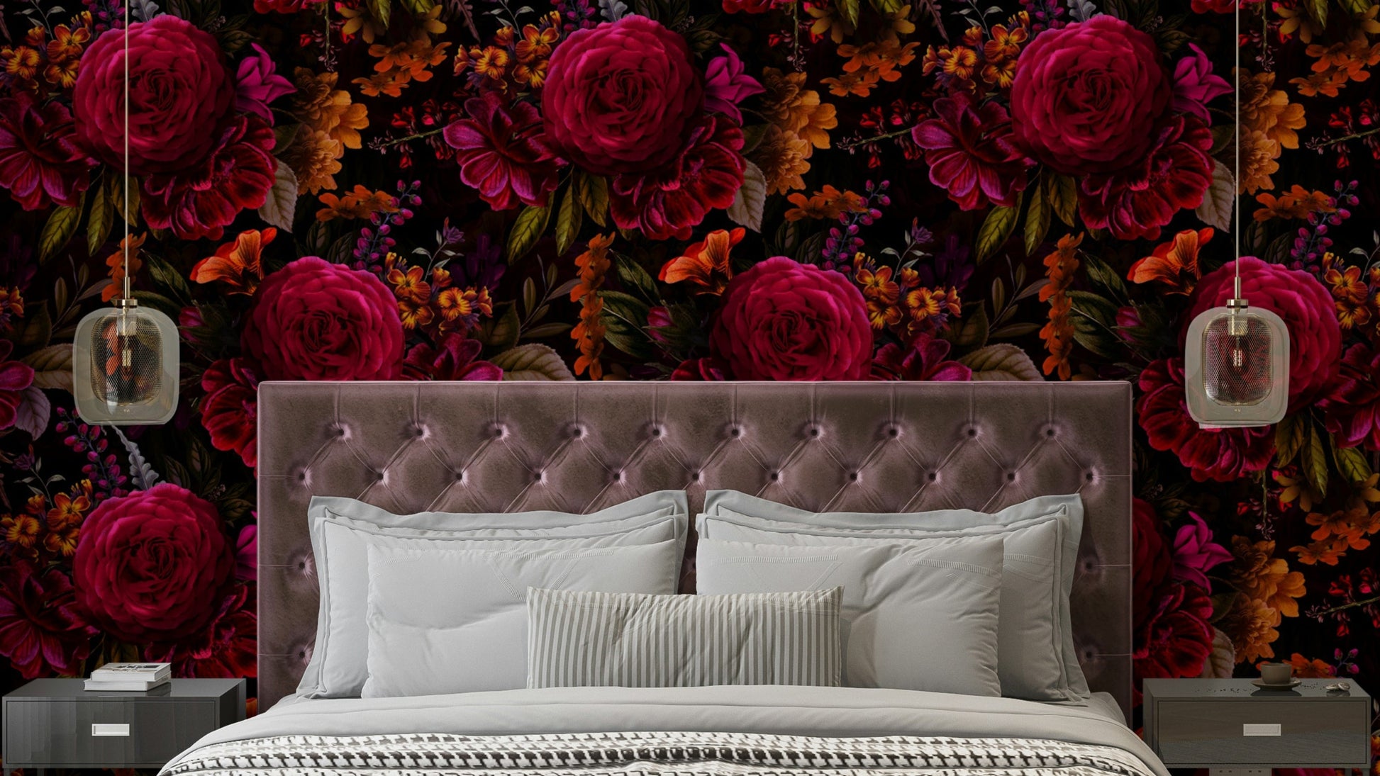 Grandmillennial Gothic floral wallpaper with dark floral design

