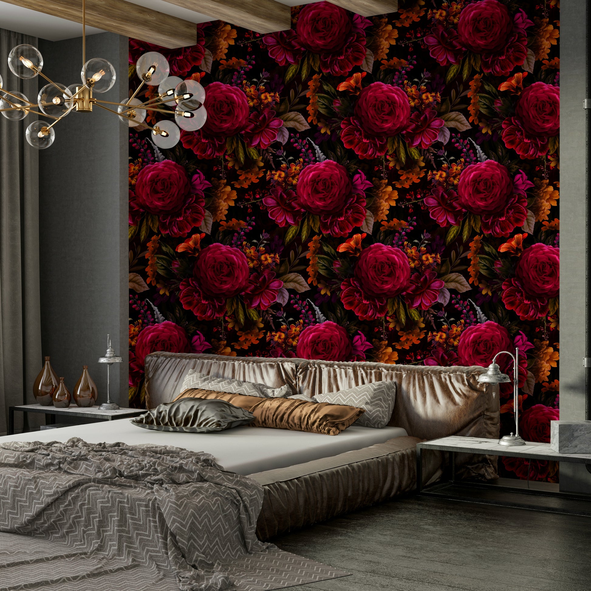 Deep floral patterns in dark hues for a dramatic wall design

