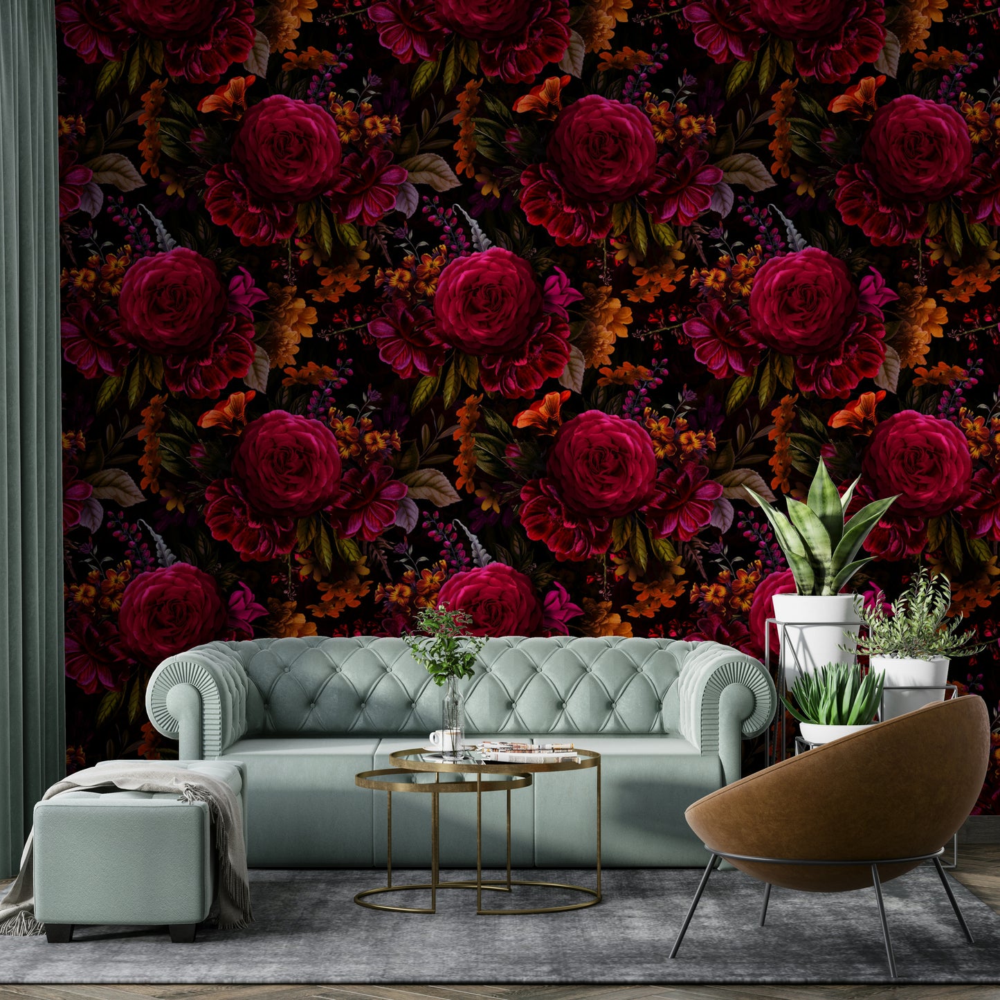 Moody floral wallpaper with dramatic dark tones and Gothic flair

