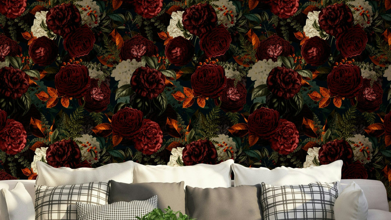 Grandmillennial wallpaper with dramatic gothic florals


