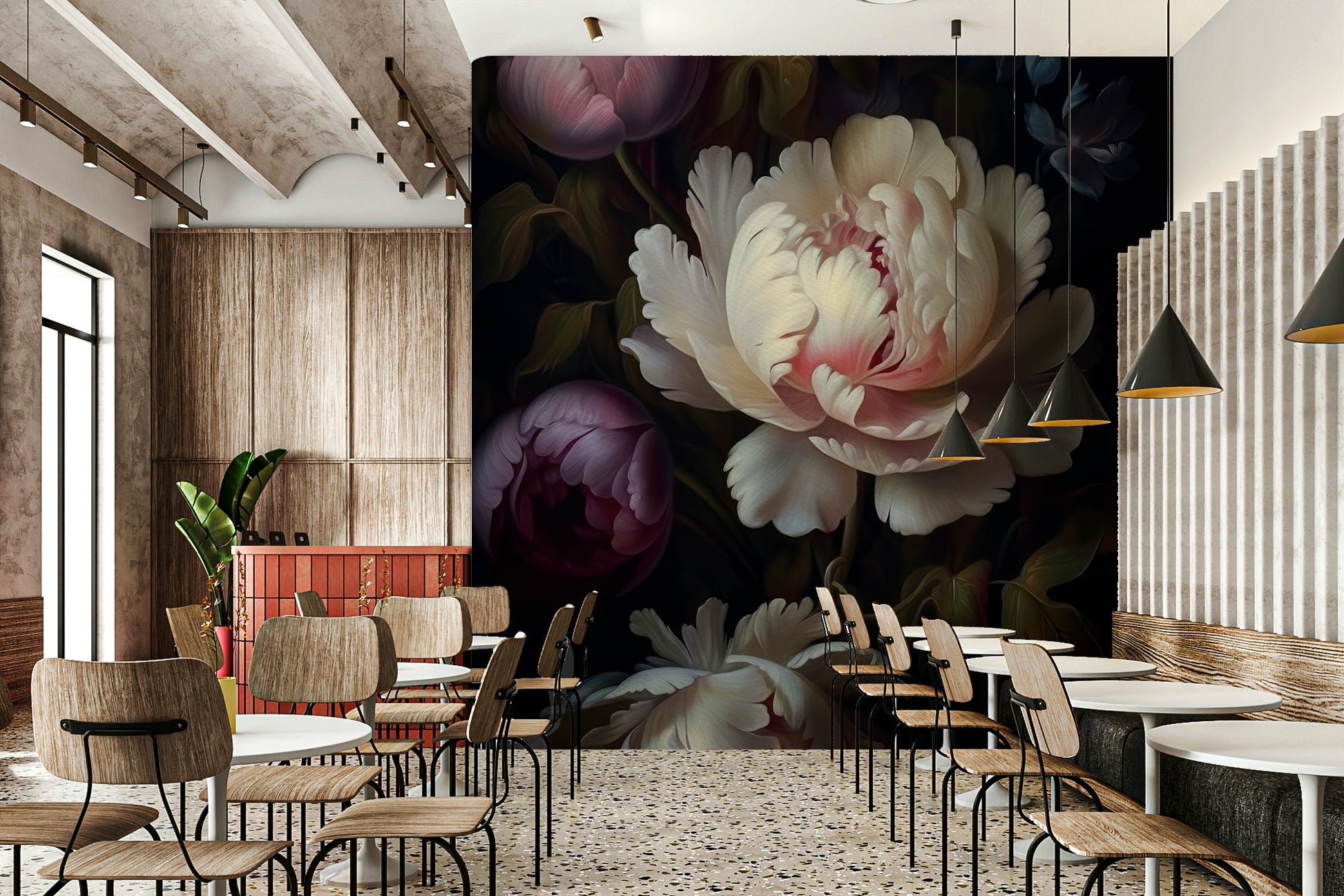 Dark and moody floral mural for sophisticated home décor.


