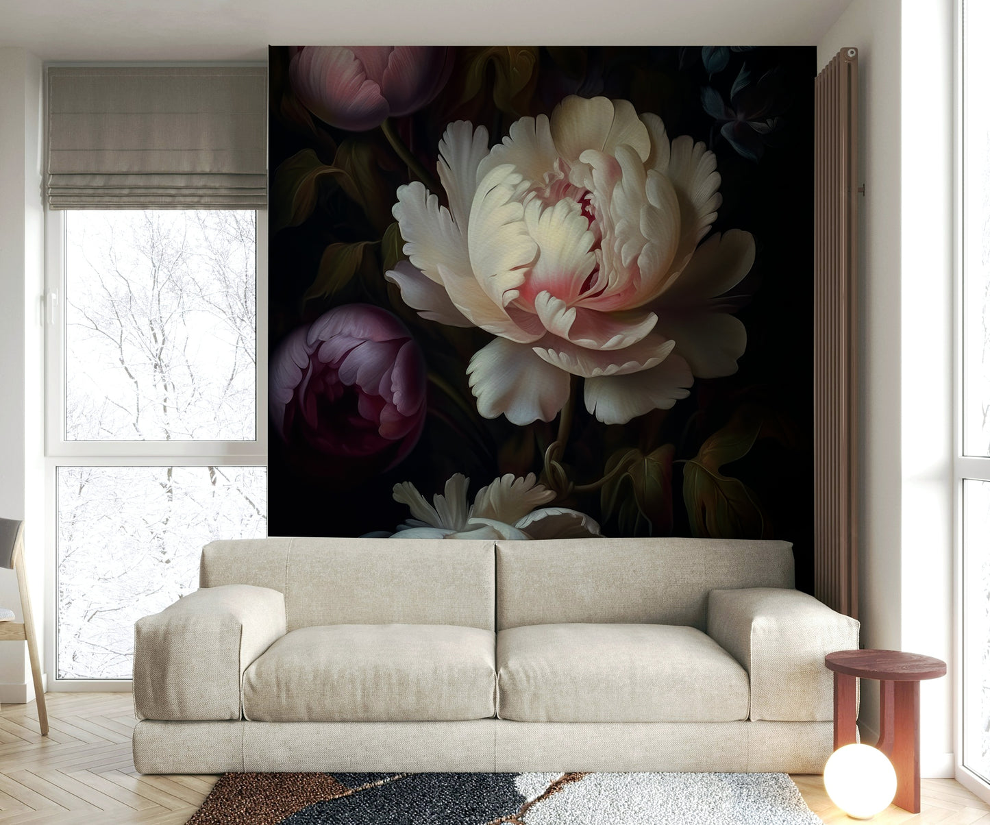 Gothic-inspired floral mural wallpaper adding depth to walls.

