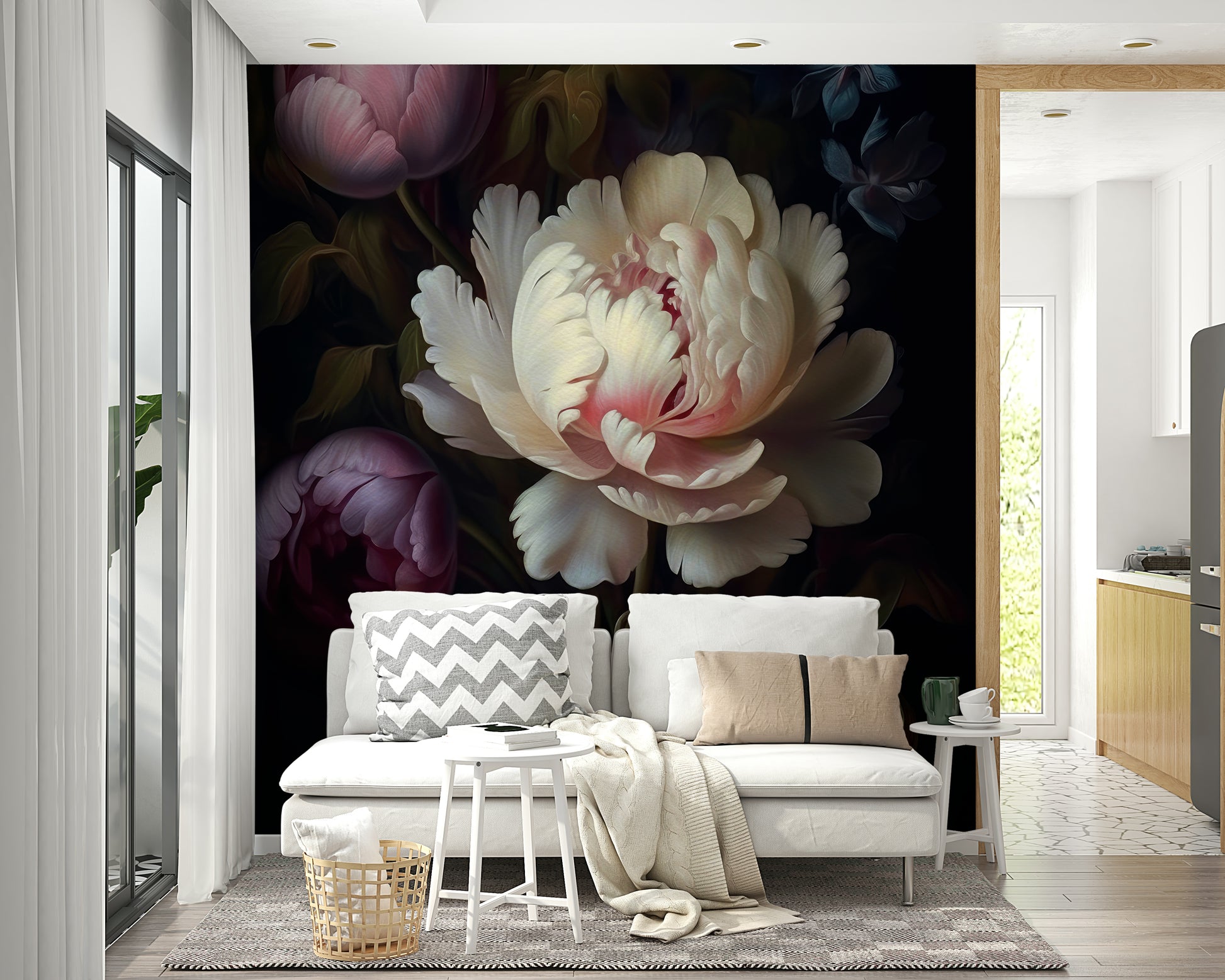 Bold dark floral mural wallpaper creating dramatic ambiance.

