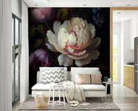 Bold dark floral mural wallpaper creating dramatic ambiance.

