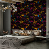Heritage-style floral wallpaper with dark, moody tones

