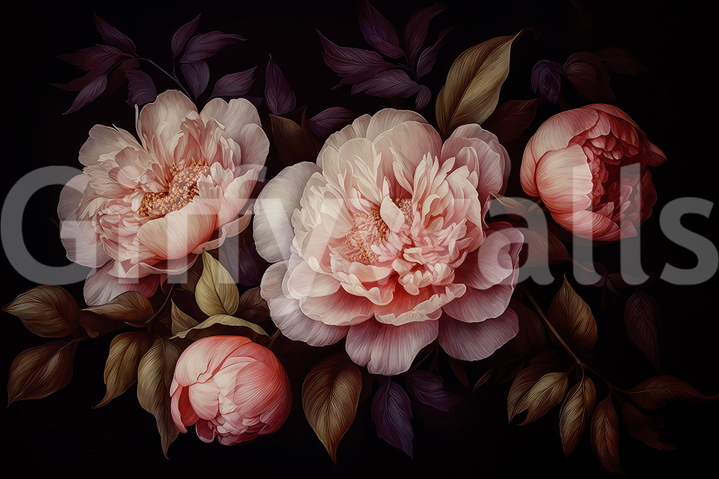 Moody peony wallpaper mural adding heritage gothic charm.


