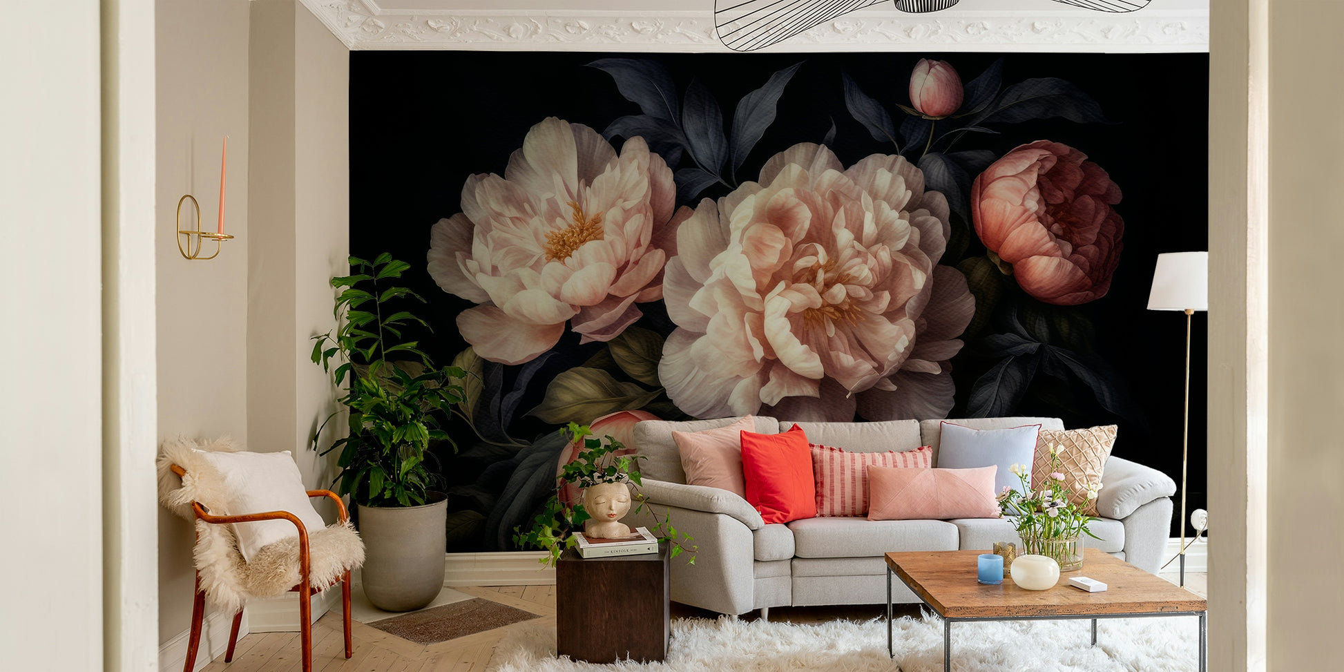 Moody peony floral wall mural for a dramatic home atmosphere.

