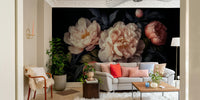 Moody peony floral wall mural for a dramatic home atmosphere.

