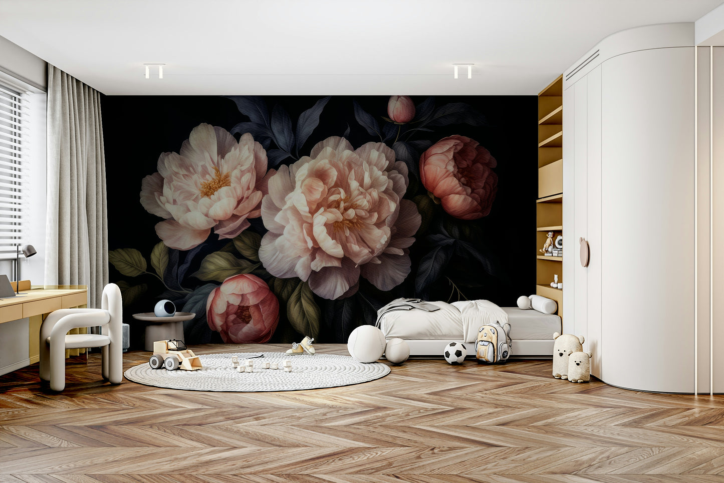 Dramatic dark floral wall mural with peony design for interiors.

