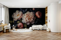Dramatic dark floral wall mural with peony design for interiors.

