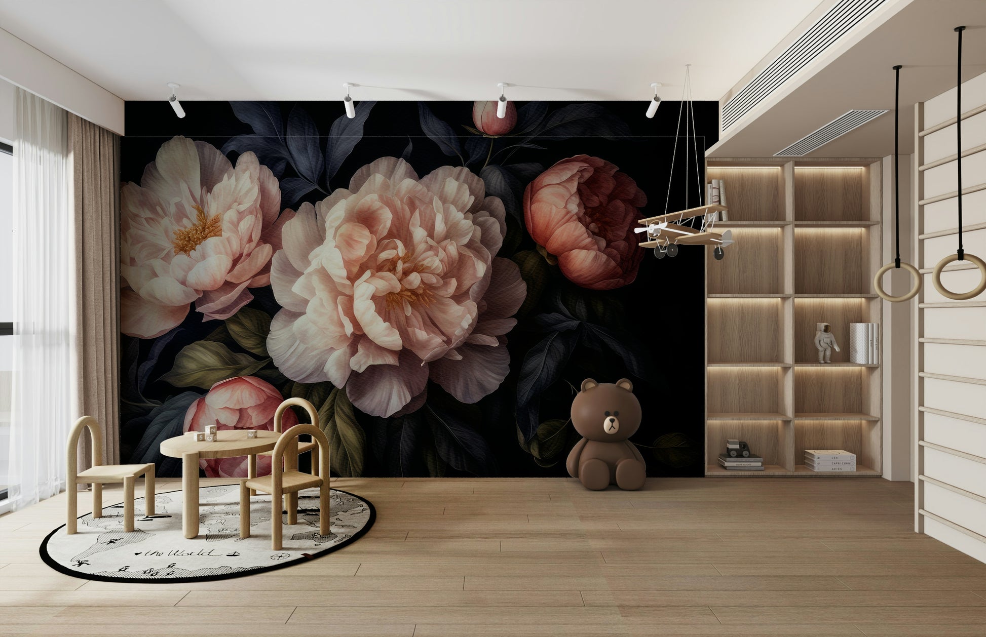Rich dark peony floral wallpaper mural adding gothic elegance.

