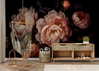 Grandmillennial floral mural with dramatic peach peony design.

