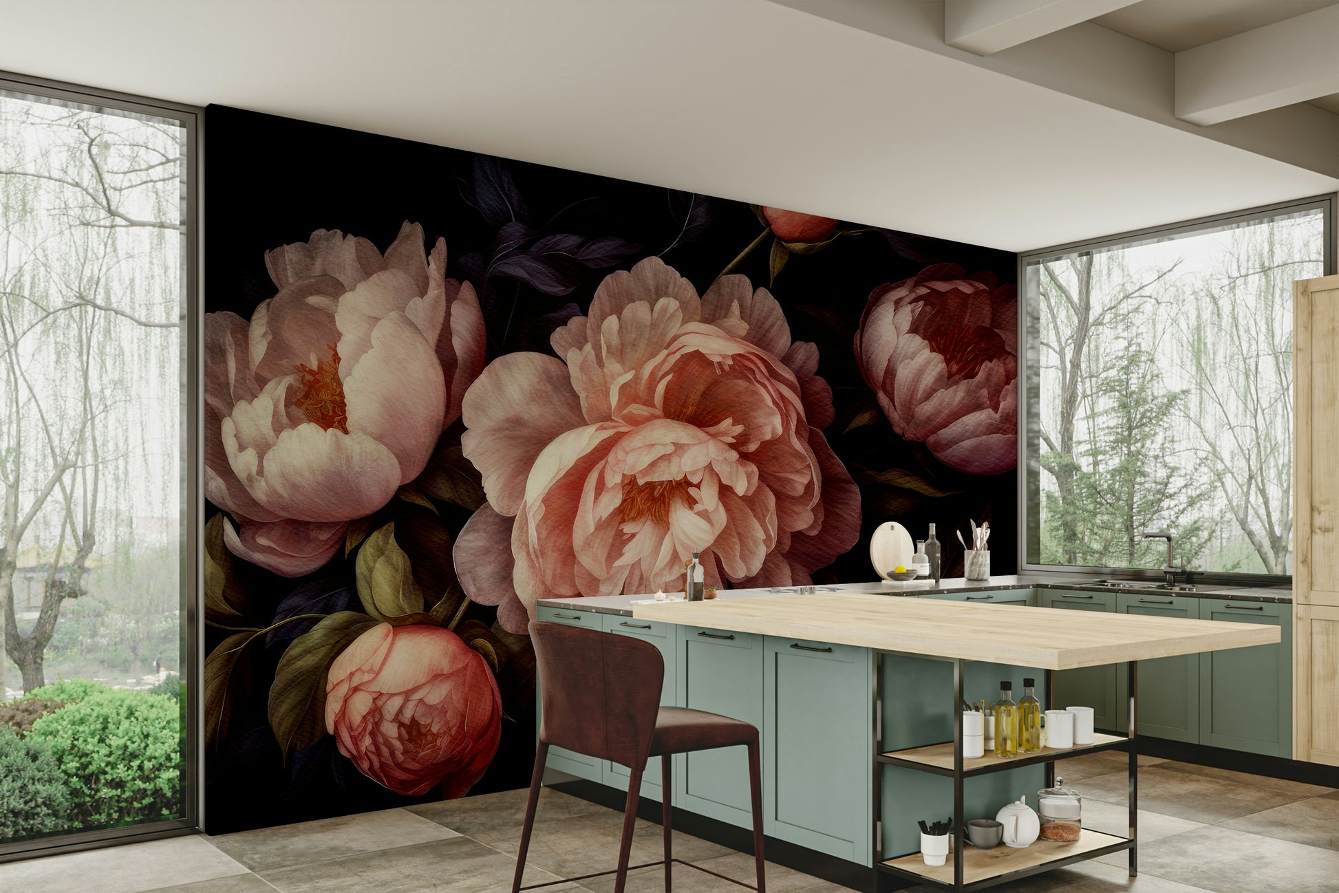 Moody floral wall mural featuring peach peonies and gothic tones.

