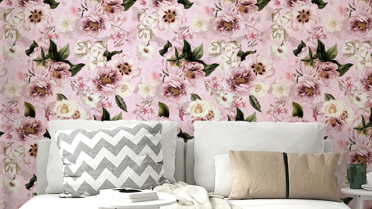 Grandmillennial wallpaper with blush peonies floral design

