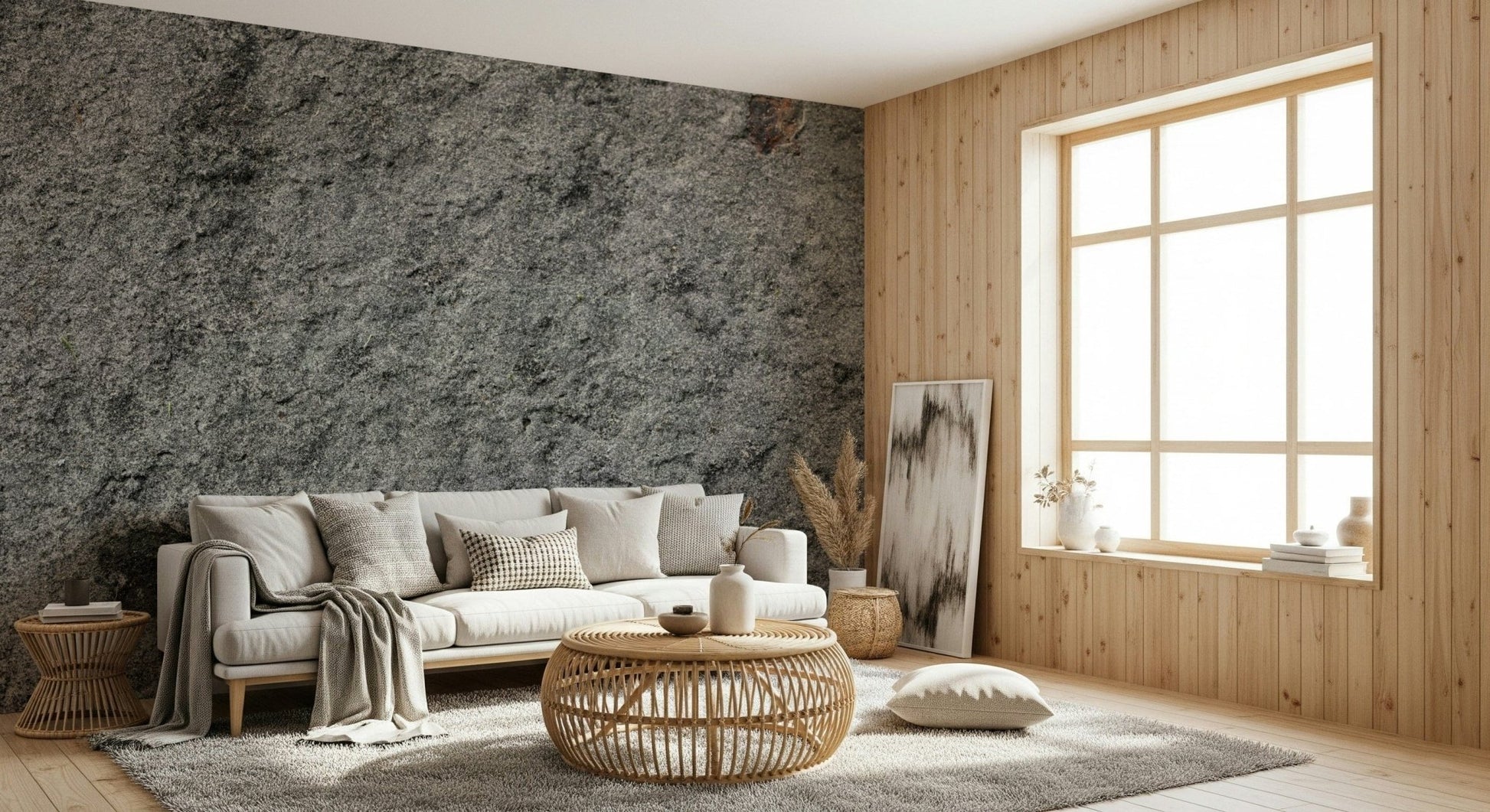 Granite Gray wallpaper mural behind a white sofa and round rattan table by a wood-panel window wall