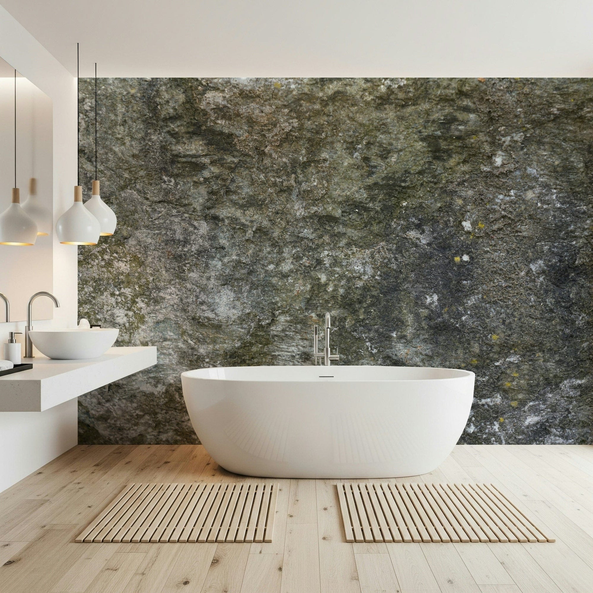 Granite Grit wallpaper mural in a bathroom behind a freestanding white tub with a floating vanity and pendants