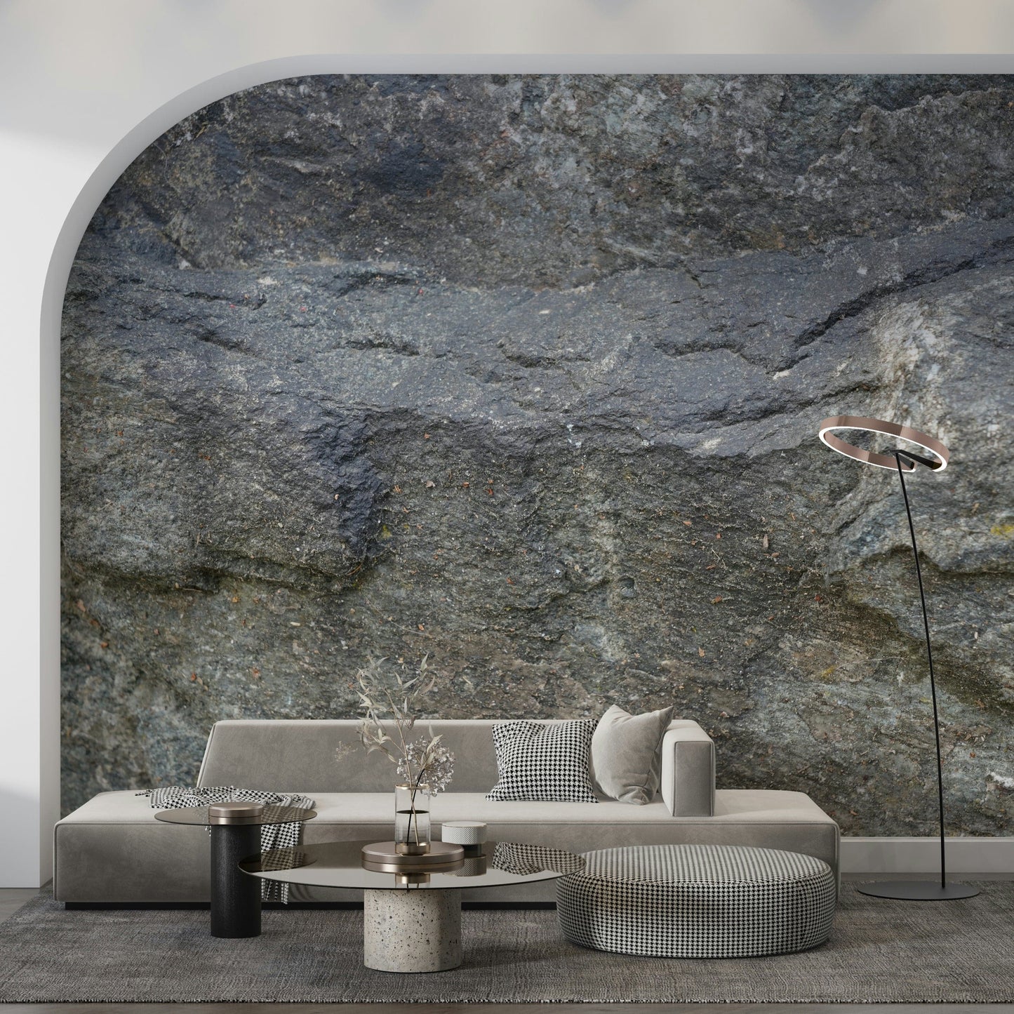 Realistic granite stone wallpaper in neutral tones for modern and minimal interiors.