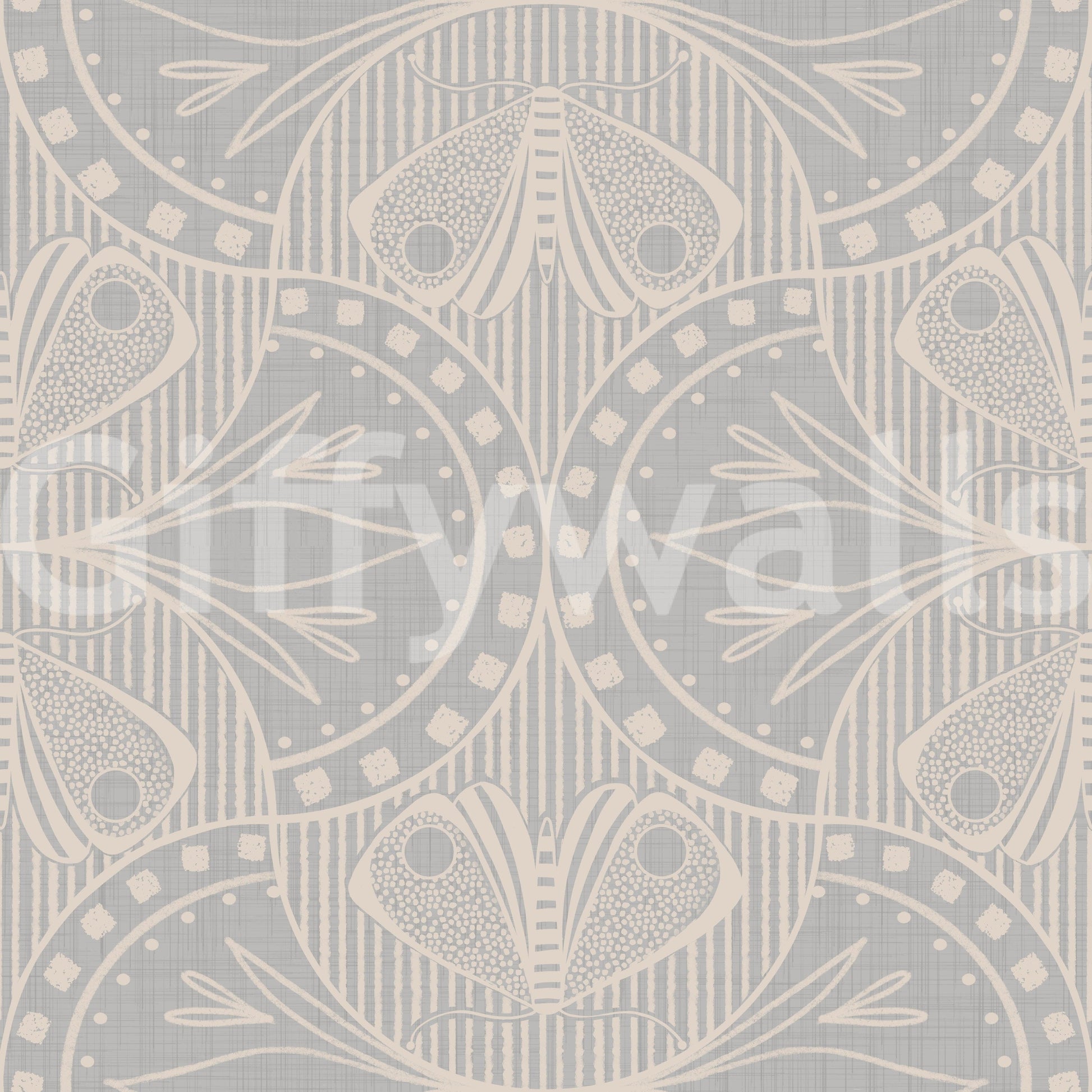 Classic period wallpaper for walls, gentle curving geometry, elaborate grey tone.